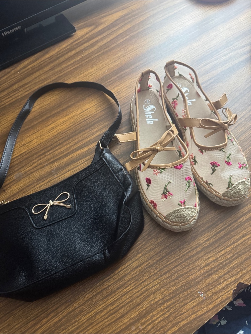 Satin Floral Embroidered Espadrilles in Beige and black purse